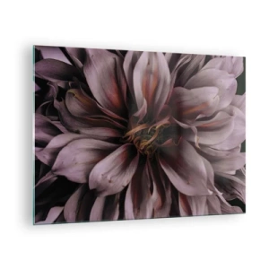 Tablou pe sticlă - Prim-plan al unei flori închise la culoare cu petale violet și vișiniu - 70x50cm - Inimă florală - Decorațiune modernă pentru perete pentru living și dormitor ARTTOR