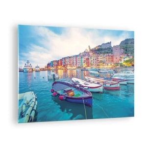 Tablou pe sticlă - Vedere de seară a orașului Cinque Terre cu clădirile sale colorate - 70x50cm - O seară plină de culoare în port - Decorațiune modernă pentru perete pentru living și dormitor ARTTOR