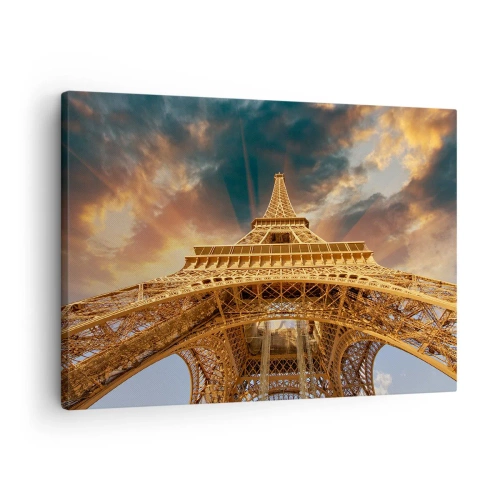 Tablou pe pânză Canvas - Turnul Eiffel văzut de jos, pe fundalul soarelui apus - 70x50cm - Cum a ajuns omenirea la cer - Decorațiune modernă pentru perete pentru living și dormitor ARTTOR