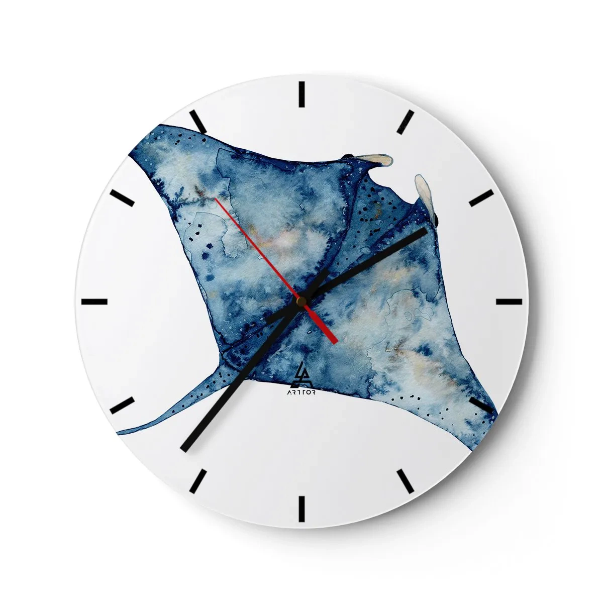 Ceas de perete - Ceas pe sticlă - Manta albastru-marin în stil acuarelă pe fundal alb - 30x30cm - Viața în albastru - Decorațiune modernă pentru perete pentru living, bucătărie și dormitor ARTTOR