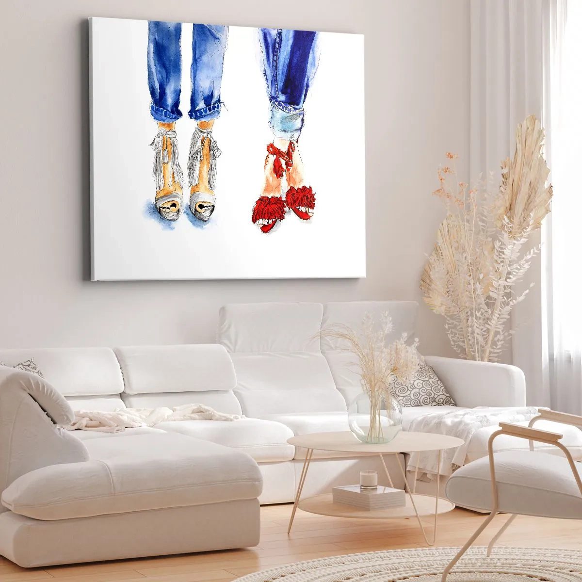 Tablou pe pânză Canvas - Ilustrație a două perechi de pantofi în sandale elegante și blugi - 70x50cm - De ce nu mergem la o plimbare? - Decorațiune modernă pentru perete pentru living și dormitor ARTTOR