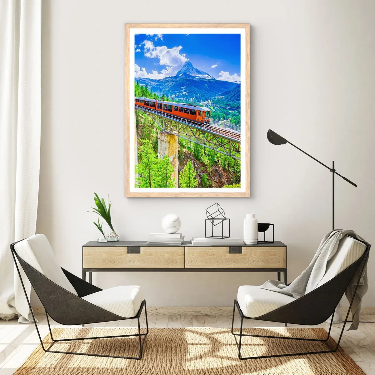 Poster în ramă de stejar deschis - Calea ferată din Alpi - 70x100 cm