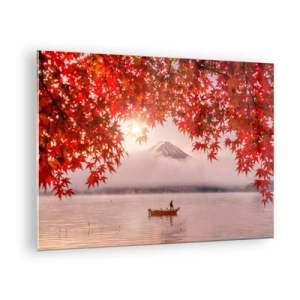 Tablou pe sticlă - Muntele Fuji cu o barcă pe un lac înconjurat de frunze roșii - 70x50cm - În stil japonez - Decorațiune modernă pentru perete pentru living și dormitor ARTTOR