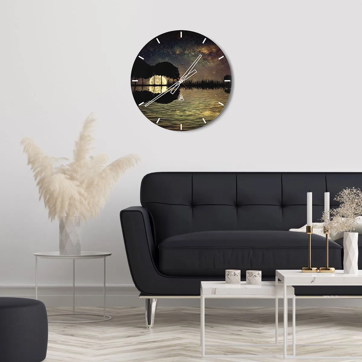 Ceas de perete - Ceas pe sticlă - Peisaj cu lac, copaci și cer înstelat noaptea - 30x30cm - O noapte la capătul lumii - Decorațiune modernă pentru perete pentru living, bucătărie și dormitor ARTTOR
