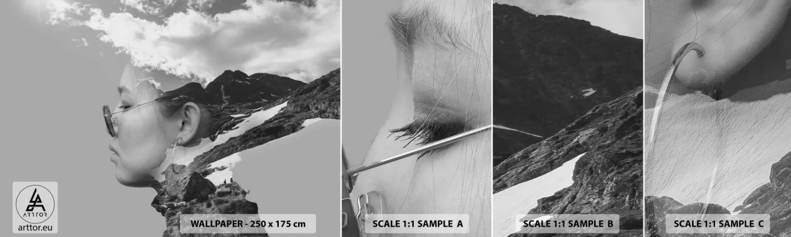 Mostră tapet autocolant Deluxe Sticker - Portret în nori - Abstracția, Cap de femeie, Fantezie - 100x30 cm