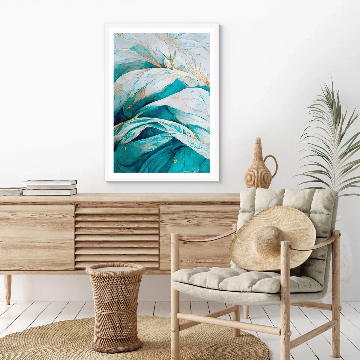 Poster în ramă albă - Abstractul albastru cu motiv auriu - 70x100 cm