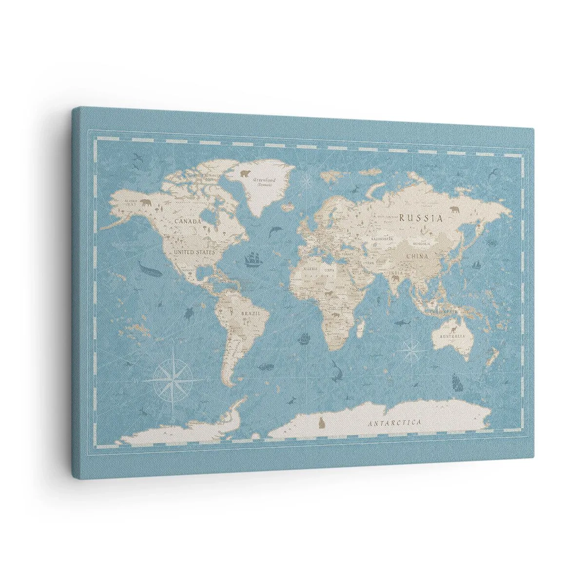 Tablou pe pânză Canvas - Hartă decorativă a lumii în nuanțe de albastru și bej - 70x50cm - Lumea la îndemână - Decorațiune modernă pentru perete pentru living și dormitor ARTTOR