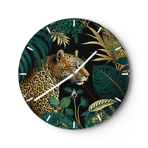 Ceas de perete - Ceas pe sticlă - Leopard printre frunze tropicale pe fundal negru - 30x30cm - Domnitorul junglei - Decorațiune modernă pentru perete pentru living, bucătărie și dormitor ARTTOR