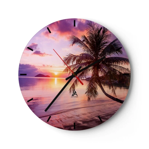 Ceas de perete - Ceas pe sticlă - Palmier pe malul mării la apus - 30x30cm - Euforie până la orizont - Decorațiune modernă pentru perete pentru living, bucătărie și dormitor ARTTOR