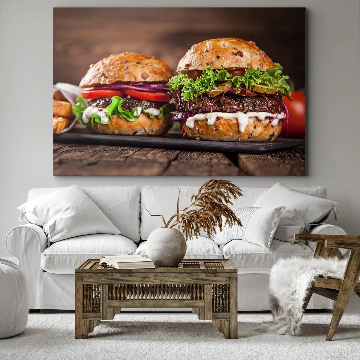 Tablou pe pânză Canvas - Burgeri apetisanți cu legume și sos - 70x50cm - American dream - Decorațiune modernă pentru perete pentru living și dormitor ARTTOR