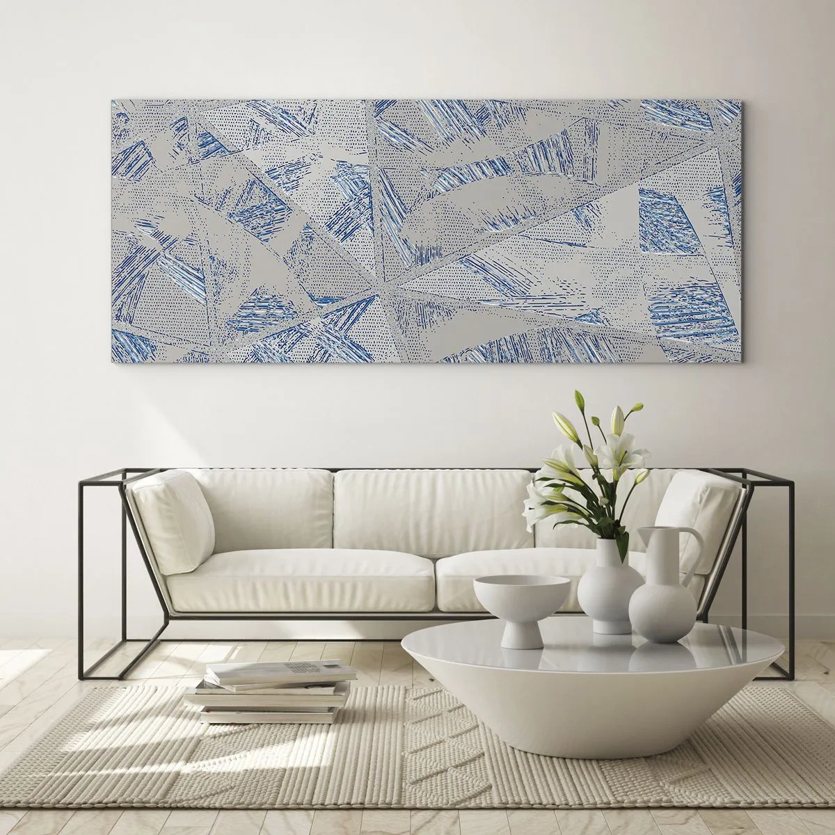 Tablou pe sticlă - Într-un labirint de gri-albastru - 100x40 cm
