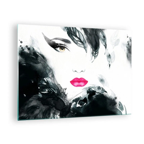 Tablou pe sticlă - Portretul unei femei cu buze roz și accente negre - 70x50cm - Atenție! Femme fatale - Decorațiune modernă pentru perete pentru living și dormitor ARTTOR