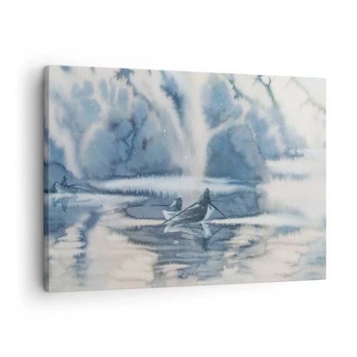 Tablou pe pânză Canvas - Peisaj în acuarelă cu bărci pe un lac înconjurat de o pădure încețoșată - 70x50cm - Pescarii în paradisul lor - Decorațiune modernă pentru perete pentru living și dormitor ARTTOR