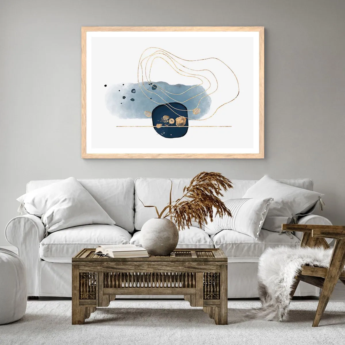 Poster în ramă de stejar deschis - Fantezie albastru-auriu - 100x70 cm