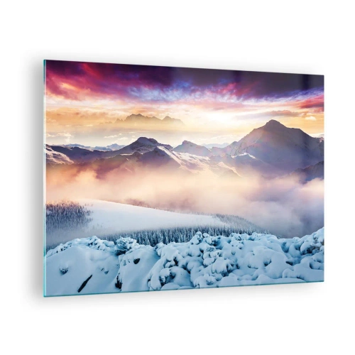 Tablou pe sticlă - Peisaj montan de iarnă cu apus de soare și ceață - 70x50cm - Forța și puritatea naturii - Decorațiune modernă pentru perete pentru living și dormitor ARTTOR