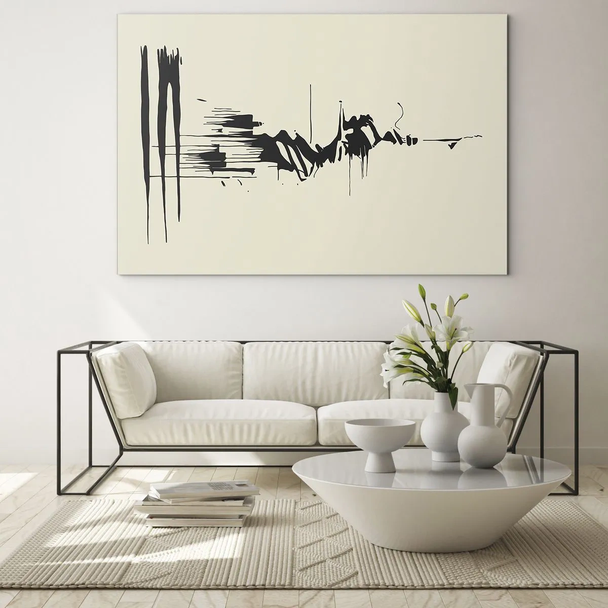 Tablou pe sticlă - Linii și pete dinamice negre pe un fundal deschis, într-un stil abstract. - 70x50cm - Abstracție pripită - Decorațiune modernă pentru perete pentru living și dormitor ARTTOR