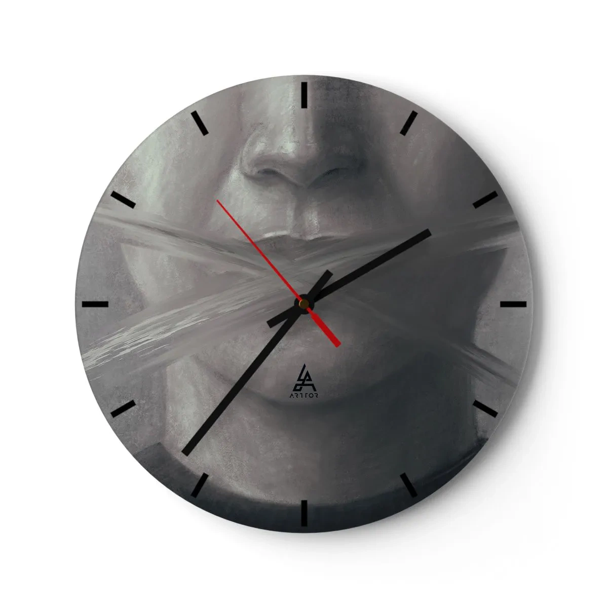 Ceas de perete - Ceas pe sticlă - Portret alb-negru cu gura acoperită cu o cruce de pensulă - 30x30cm - Nici un cuvânt - Decorațiune modernă pentru perete pentru living, bucătărie și dormitor ARTTOR