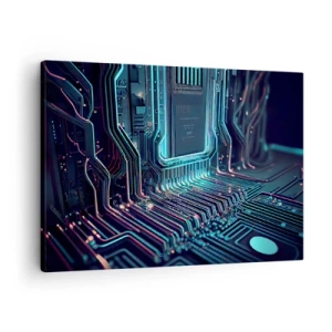 Tablou pe pânză Canvas - Placă de circuit imprimat tehnologică cu linii iluminate - 70x50cm - Iată la ce mă gândesc... - Decorațiune modernă pentru perete pentru living și dormitor ARTTOR
