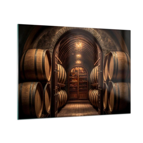 Tablou pe sticlă - O vie cu butoaie și o pivniță luminată plină de sticle - 70x50cm - Beciul cu atmosferă - Decorațiune modernă pentru perete pentru living și dormitor ARTTOR