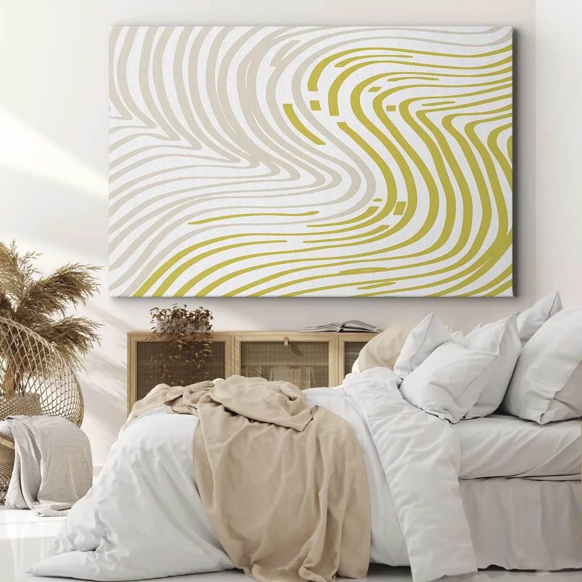 Tablou pe pânză Canvas - Un model abstract cu linii ondulate în nuanțe de galben și bej. - 70x50cm - Compoziție cu cambrare ușoară - Decorațiune modernă pentru perete pentru living și dormitor ARTTOR