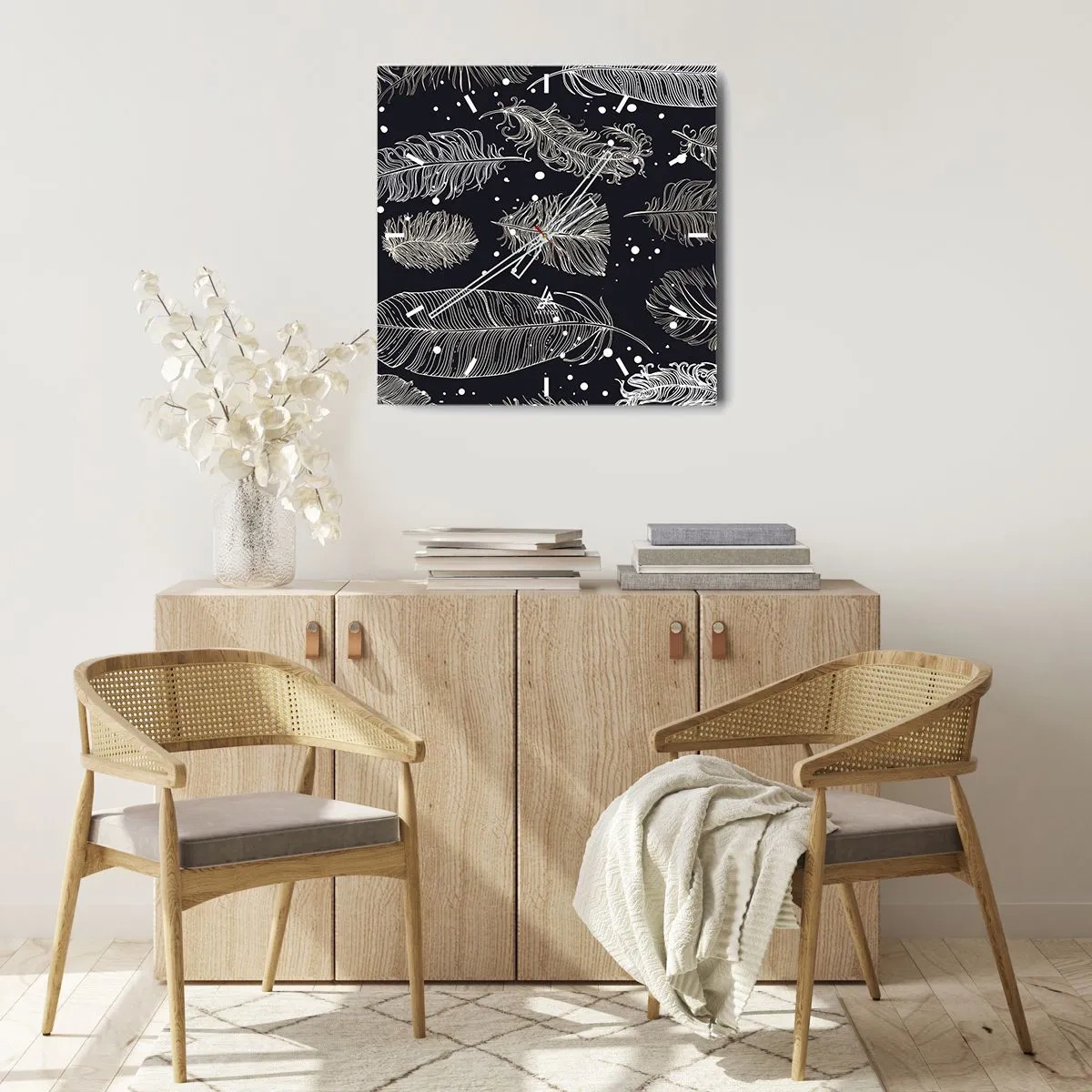 Ceas de perete - Ceas pe sticlă - Dantelă cu pene - 40x40 cm