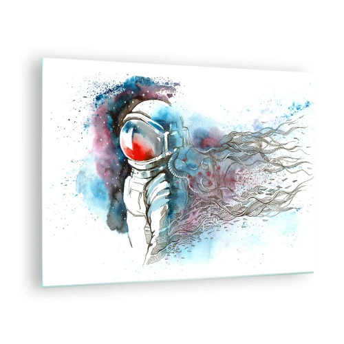 Tablou pe sticlă - Astronautul într-un decor spațial dinamic în acuarelă - 70x50cm - Singur cu cosmosul - Decorațiune modernă pentru perete pentru living și dormitor ARTTOR