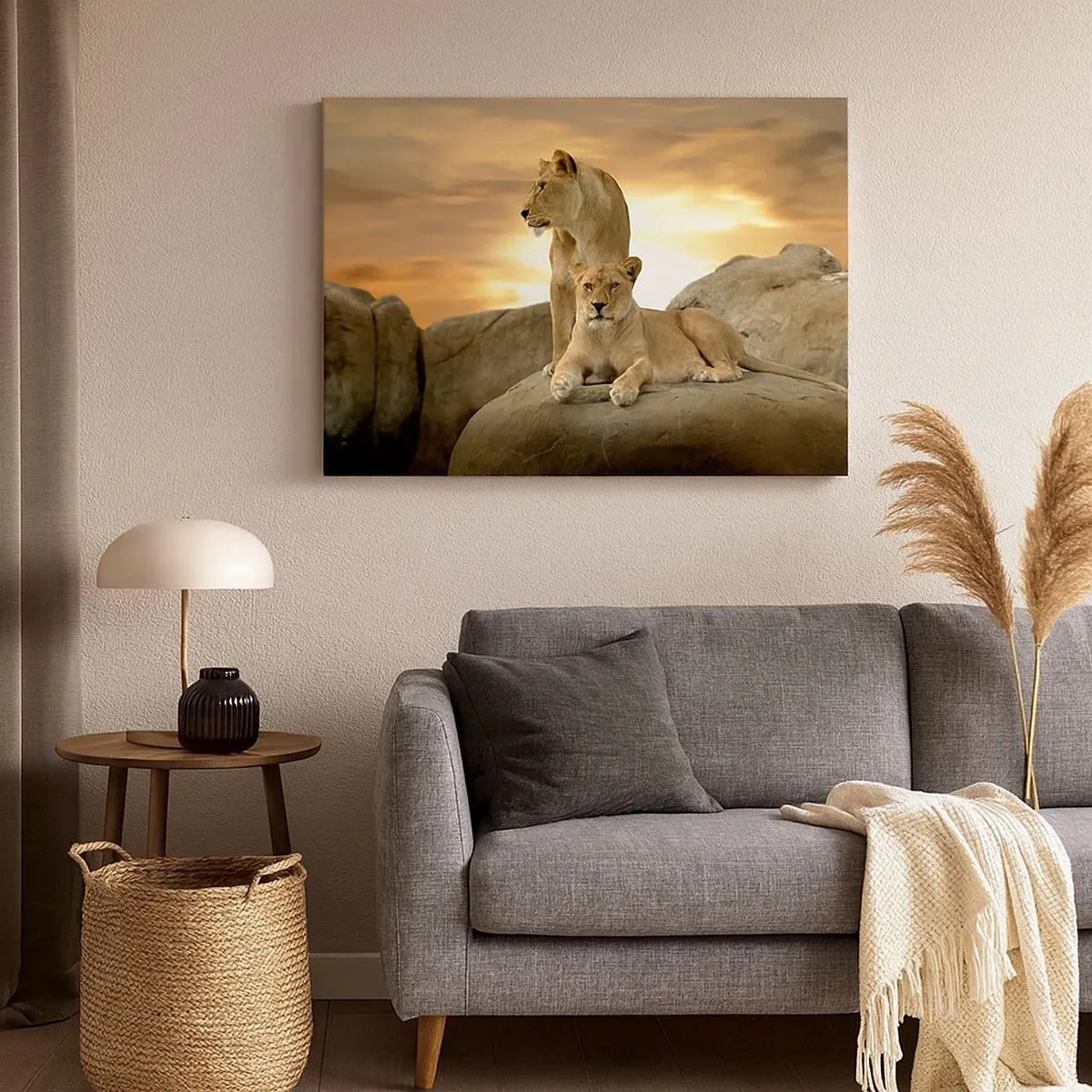 Tablou pe pânză Canvas - Două leoaice odihnindu-se pe o stâncă la apus - 70x50cm - Maiestate regală - Decorațiune modernă pentru perete pentru living și dormitor ARTTOR
