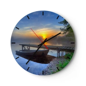 Ceas de perete - Ceas pe sticlă - O barcă la dig în timpul răsăritului de soare peste lac - 30x30cm - Cum se transformă obișnuitul în magic - Decorațiune modernă pentru perete pentru living, bucătărie și dormitor ARTTOR