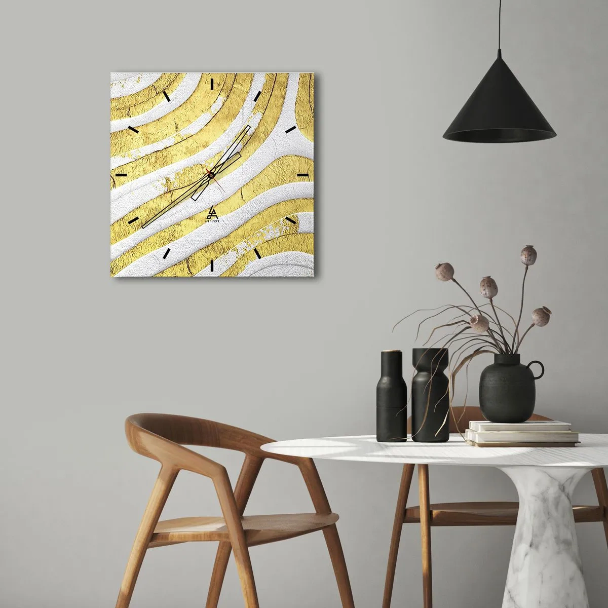 Ceas de perete - Ceas pe sticlă - Compoziția în alb și auriu - 30x30 cm