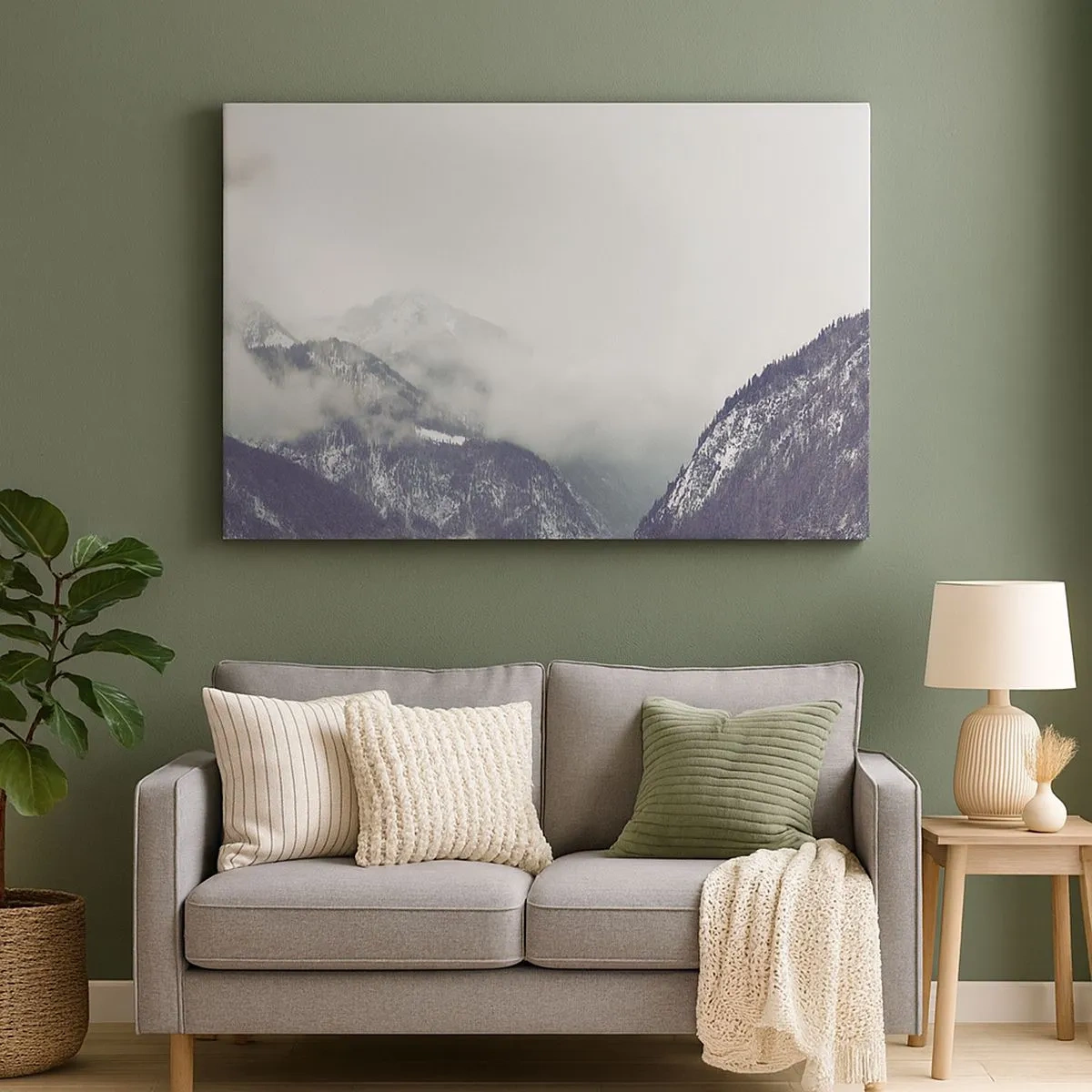 Tablou pe pânză Canvas - O vale de munte învăluită în ceață în nuanțe de gri - 70x50cm - Valea cețoasă - Decorațiune modernă pentru perete pentru living și dormitor ARTTOR