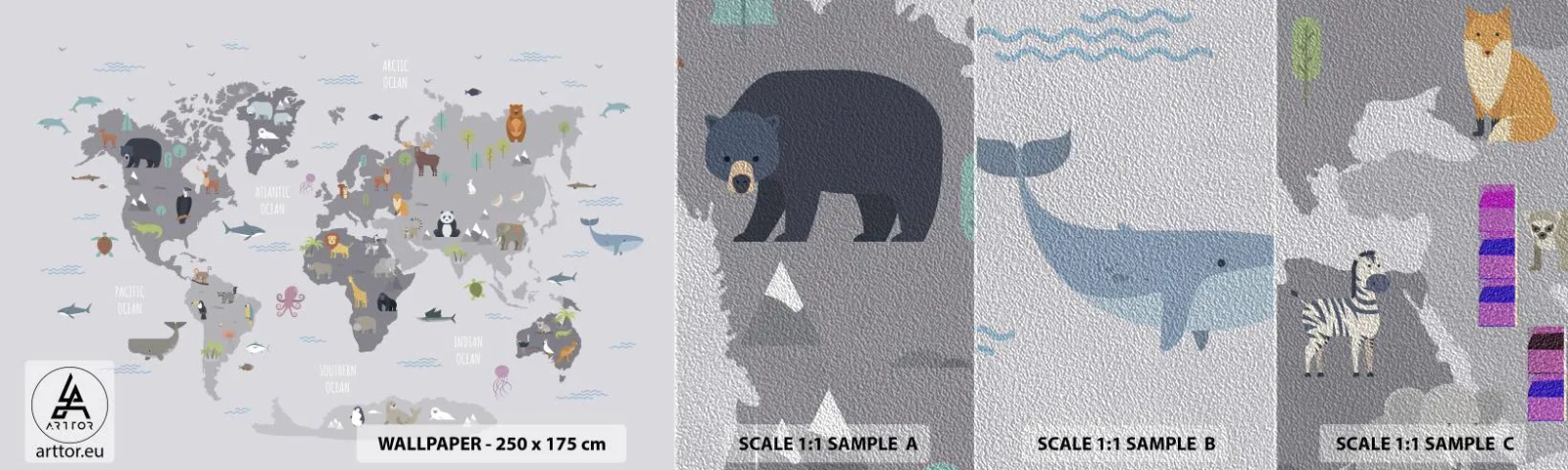 Mostră tapet Premium Sand - Spune-mi de unde ești... - Harta lumii, Animale, Continente - 100x30 cm