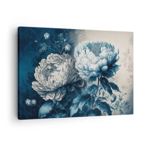 Tablou pe pânză Canvas - Bujori albaștri pe un fundal subtil cu un model delicat - 70x50cm - Pereche asortată - Decorațiune modernă pentru perete pentru living și dormitor ARTTOR