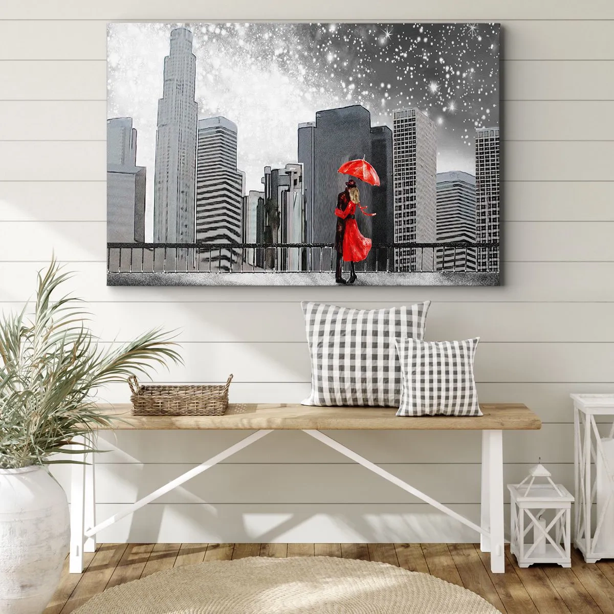 Tablou pe pânză Canvas - Un cuplu în roșu cu o umbrelă pe fundalul unui peisaj urban - 70x50cm - Un om, nu o piatră - Decorațiune modernă pentru perete pentru living și dormitor ARTTOR