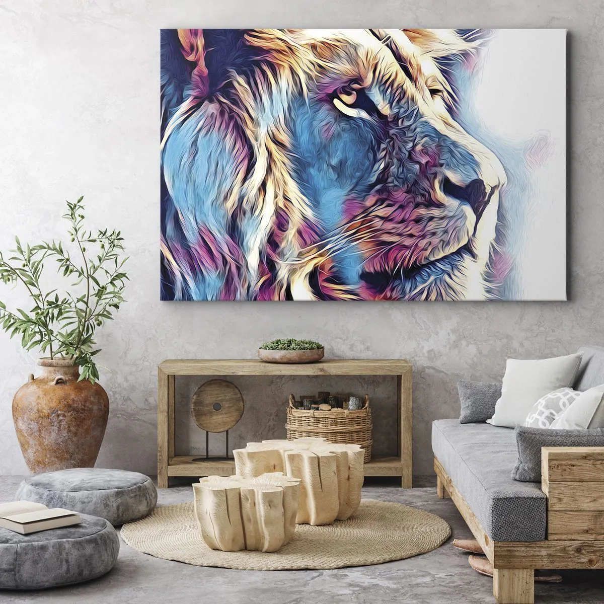 Tablou pe pânză Canvas - Portretul unui leu în culori vii, abstracte - 70x50cm - Înțelepciunea naturii - Decorațiune modernă pentru perete pentru living și dormitor ARTTOR