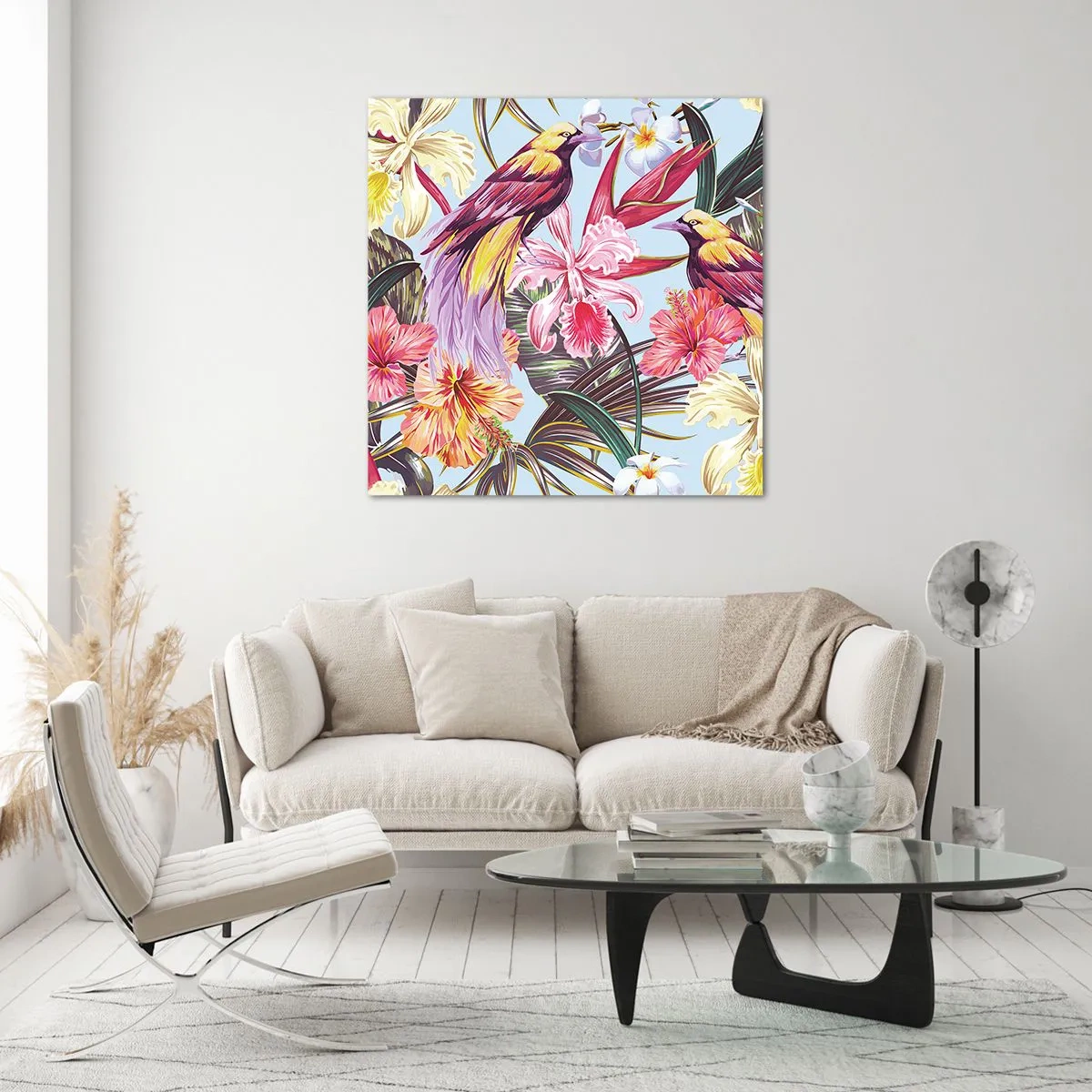 Tablou pe sticlă - Petale și pene - 30x30 cm