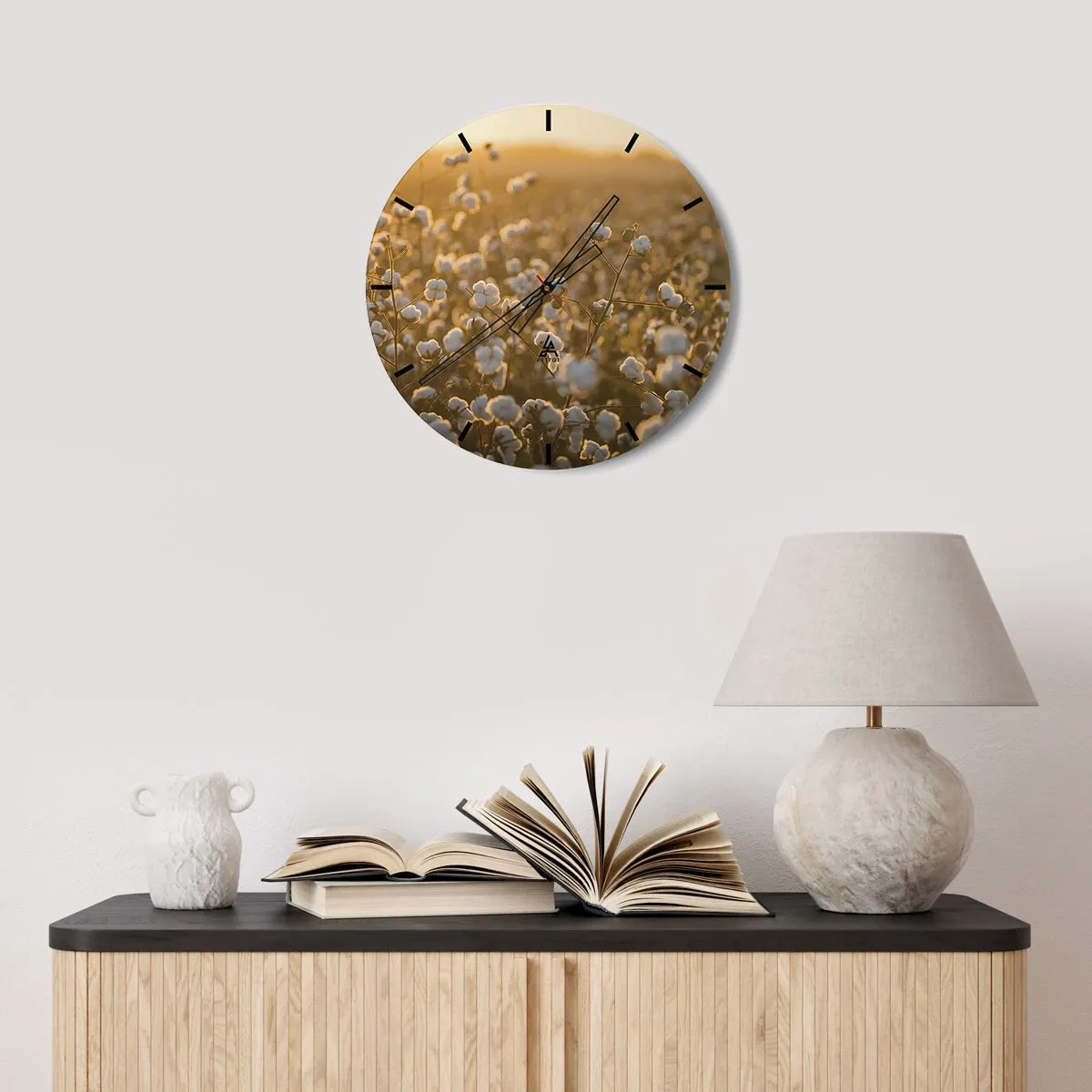 Ceas de perete - Ceas pe sticlă - Un câmp de bumbac la apus, cu culori calde - 30x30cm - Câmp pufos - Decorațiune modernă pentru perete pentru living, bucătărie și dormitor ARTTOR