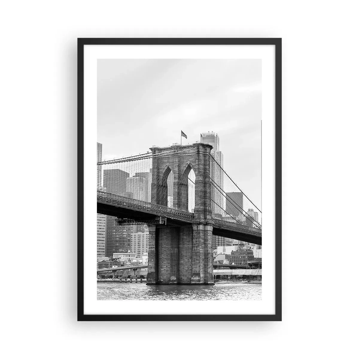 Poster în ramă neagră - Podul Brooklyn în monocrom - 50x70cm - New York vibes - Decorațiune modernă pentru perete pentru living și dormitor ARTTOR