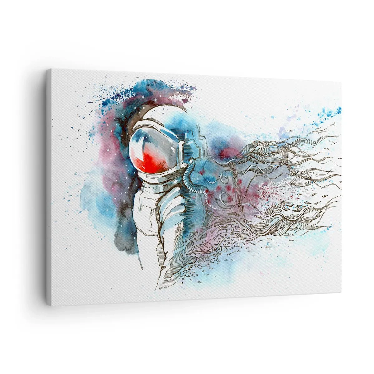 Tablou pe pânză Canvas - Un cosmonaut într-o acuarelă dinamică cu detalii cosmice - 70x50cm - Singur cu cosmosul - Decorațiune modernă pentru perete pentru living și dormitor ARTTOR