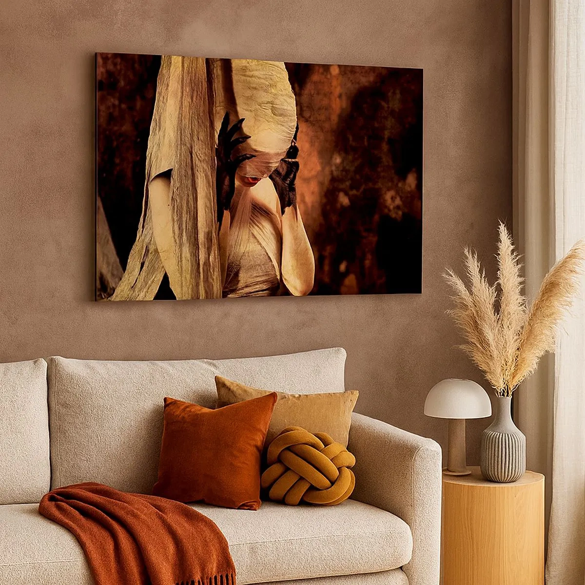 Tablou pe pânză Canvas - O femeie într-un voal cu un stil misterios pe un fundal întunecat - 70x50cm - Între bine și rău - Decorațiune modernă pentru perete pentru living și dormitor ARTTOR