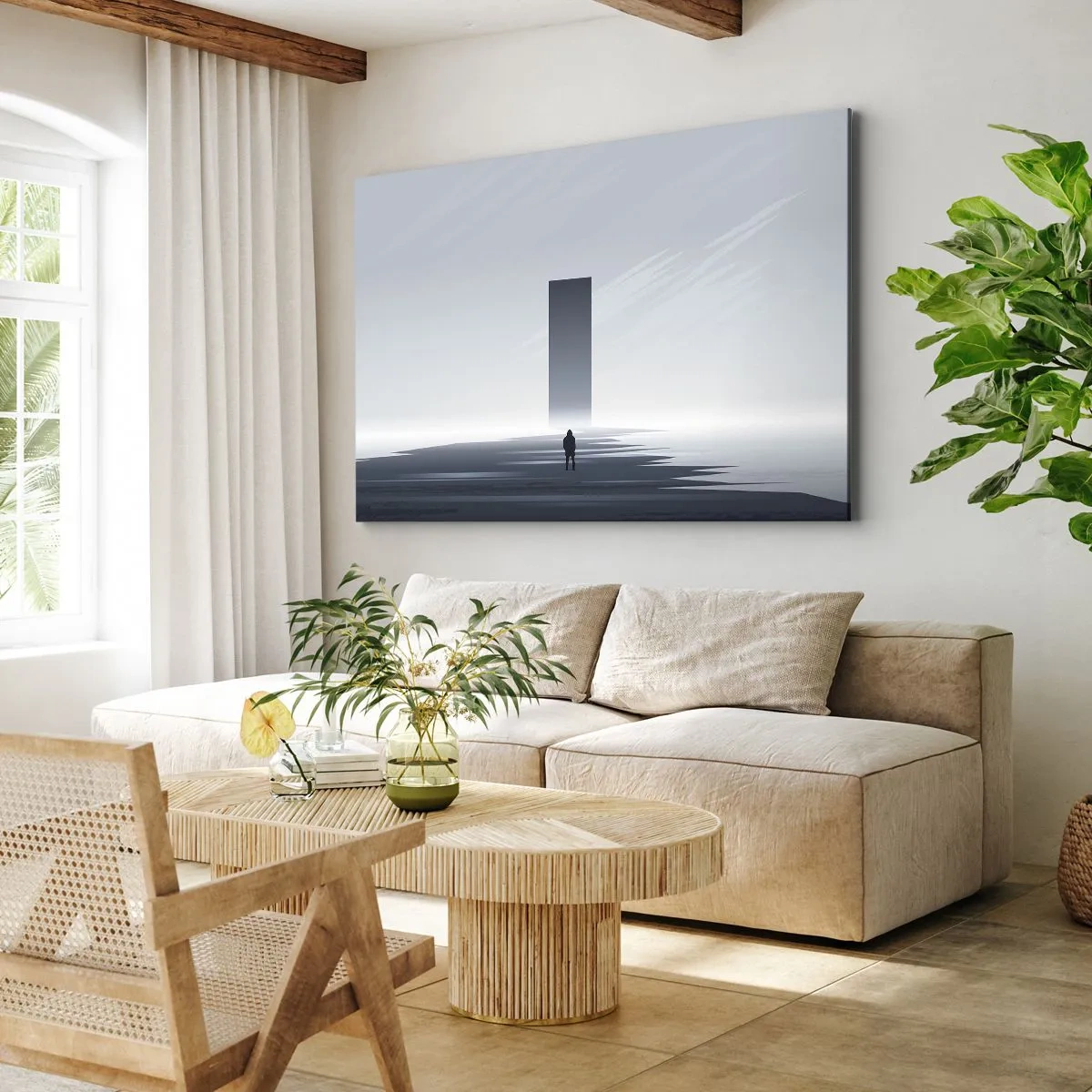 Tablou pe pânză Canvas - Un peisaj minimalist cu o siluetă lângă un monolit dreptunghiular - 70x50cm - Oportunitate sau amenințare? - Decorațiune modernă pentru perete pentru living și dormitor ARTTOR