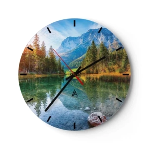 Ceas de perete - Ceas pe sticlă - Peisaj montan cu lac și pădure - 30x30cm - Blândețea toamnei - Decorațiune modernă pentru perete pentru living, bucătărie și dormitor ARTTOR