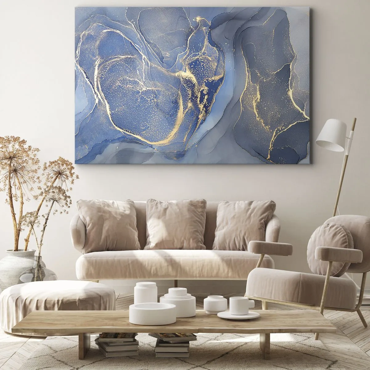 Tablou pe pânză Canvas - Modele abstracte albastre cu accente aurii - 70x50cm - Praf de aur - Decorațiune modernă pentru perete pentru living și dormitor ARTTOR