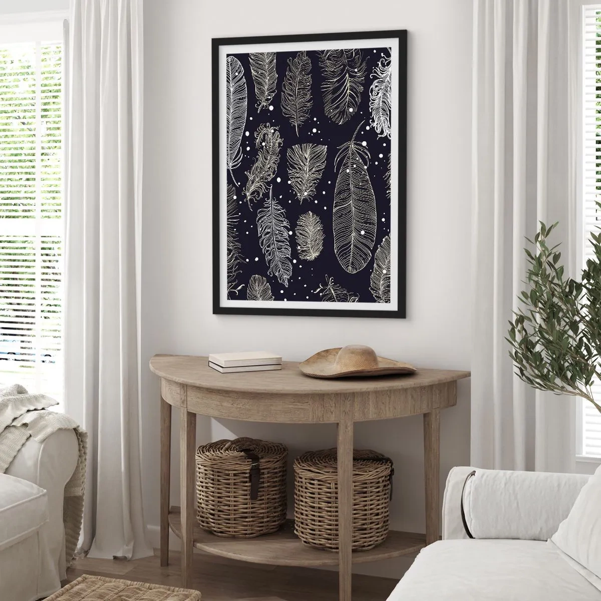 Poster în ramă neagră - Pene albe pe fundal negru într-un aranjament elegant - 50x70cm - Dantelă cu pene - Decorațiune modernă pentru perete pentru living și dormitor ARTTOR