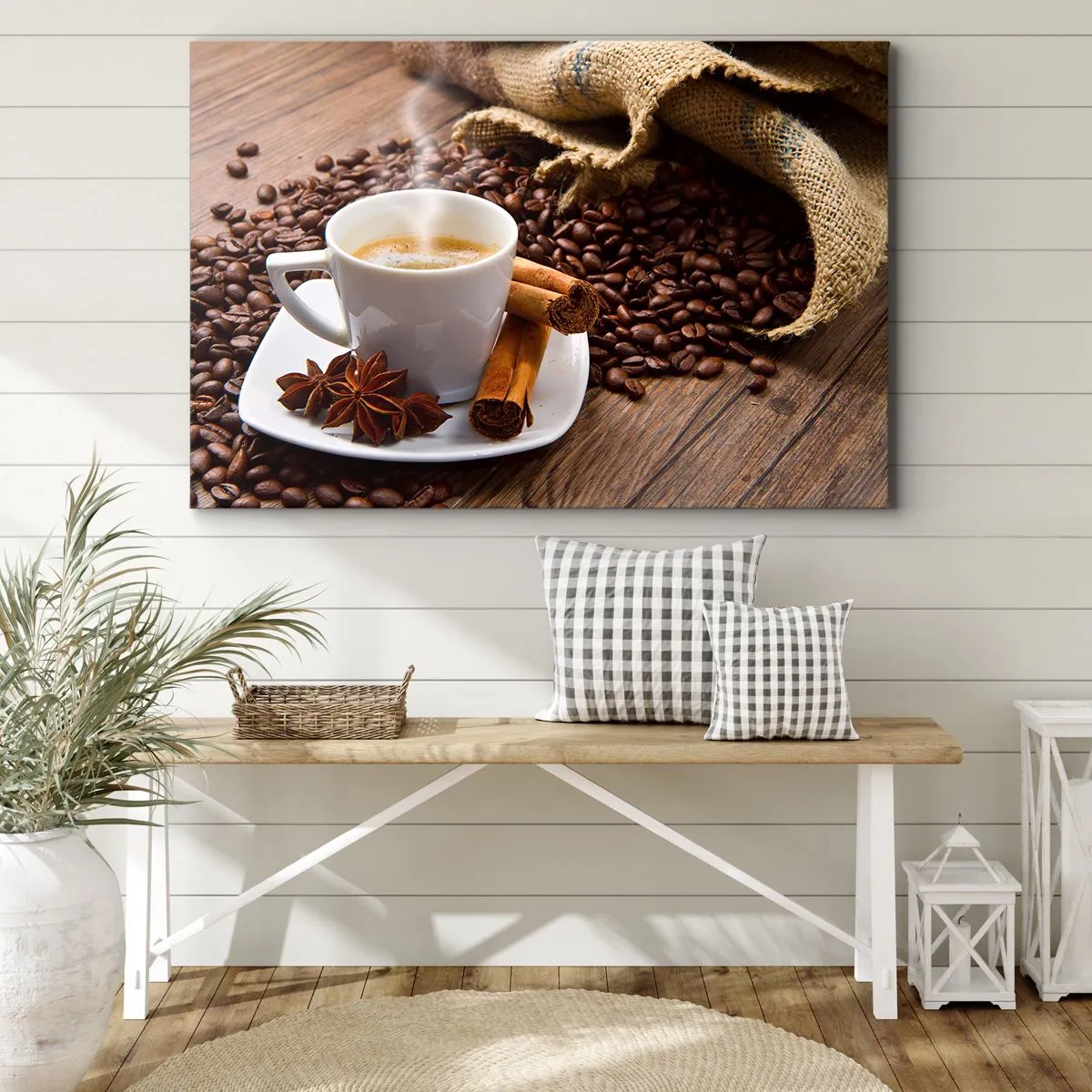 Tablou pe pânză Canvas - O ceașcă de cafea cu scorțișoară și anason pe un fundal de boabe de cafea - 70x50cm - Gust și aromă de mirodenii - Decorațiune modernă pentru perete pentru living și dormitor ARTTOR