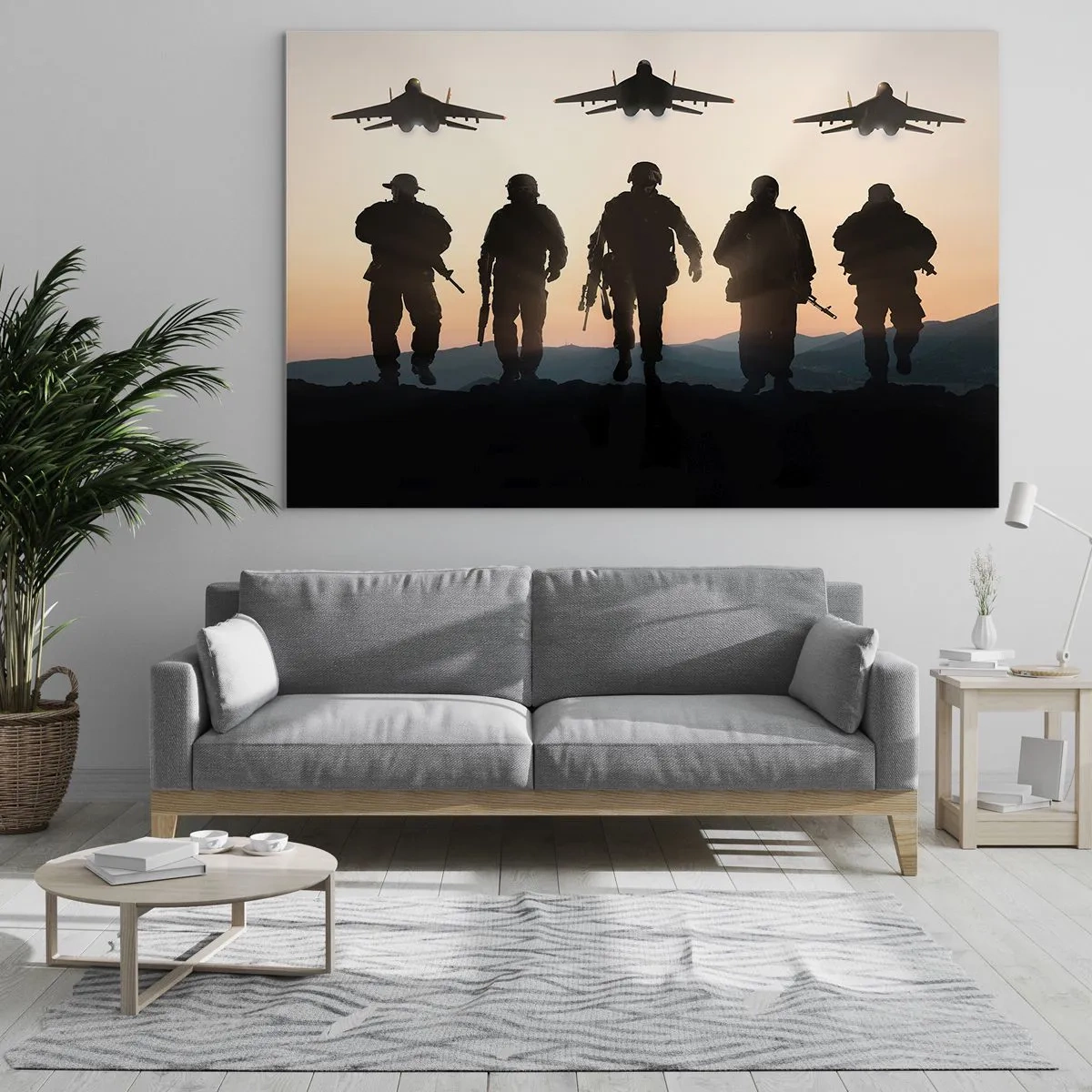 Tablou pe sticlă - Soldați pe fundalul soarelui care apune și al avioanelor cu reacție - 70x50cm - Bun venit în lumea mea - Decorațiune modernă pentru perete pentru living și dormitor ARTTOR