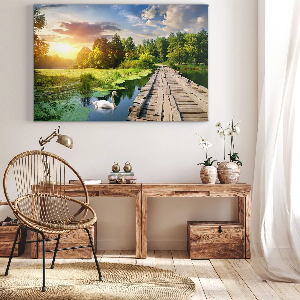 Tablou pe pânză Canvas - Un peisaj pitoresc cu un pod și o lebădă - 70x50cm - Vară, vară peste tot - Decorațiune modernă pentru perete pentru living și dormitor ARTTOR