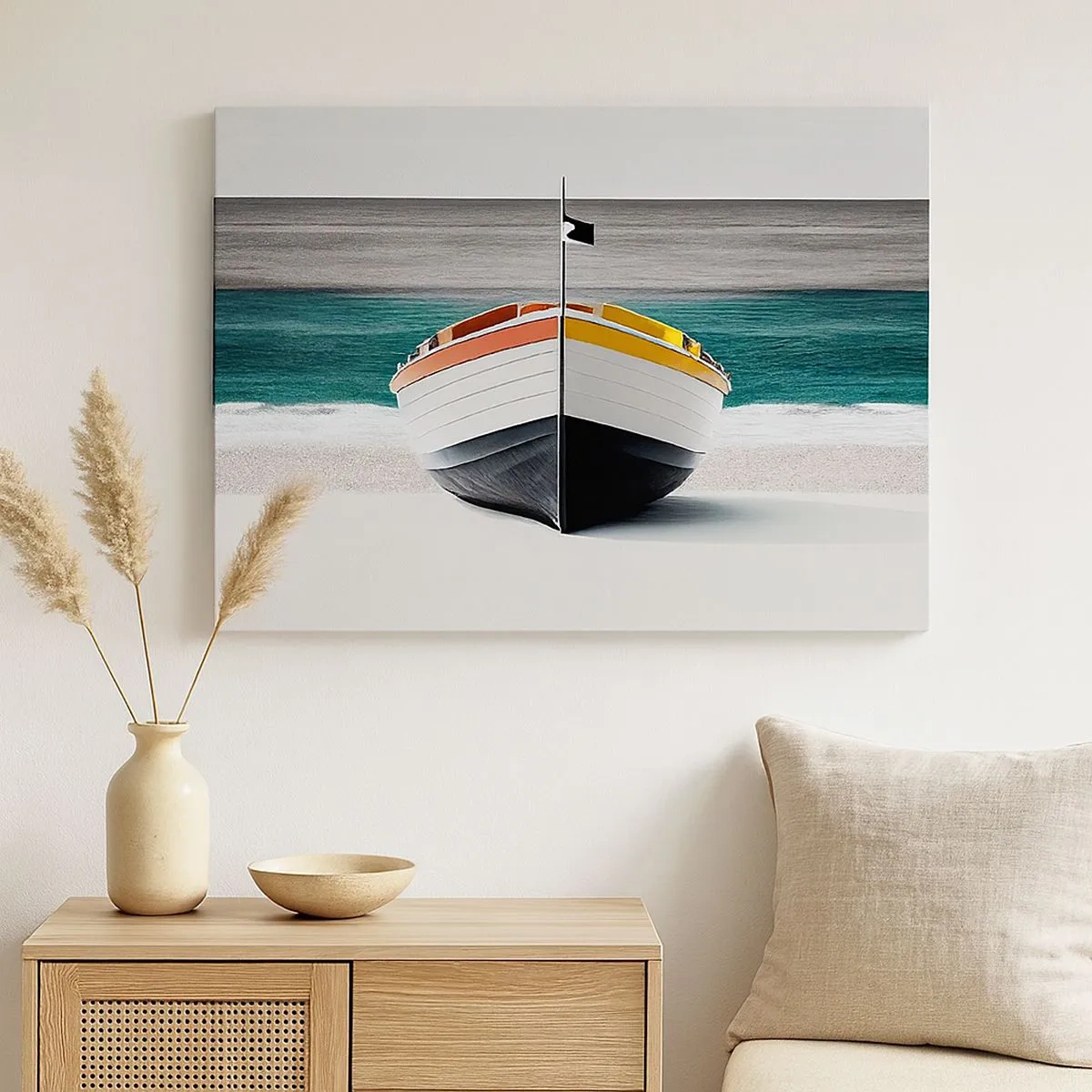 Tablou pe pânză Canvas - O barcă pe plajă cu o mare turcoaz în fundal - 70x50cm - În locul ei - Decorațiune modernă pentru perete pentru living și dormitor ARTTOR