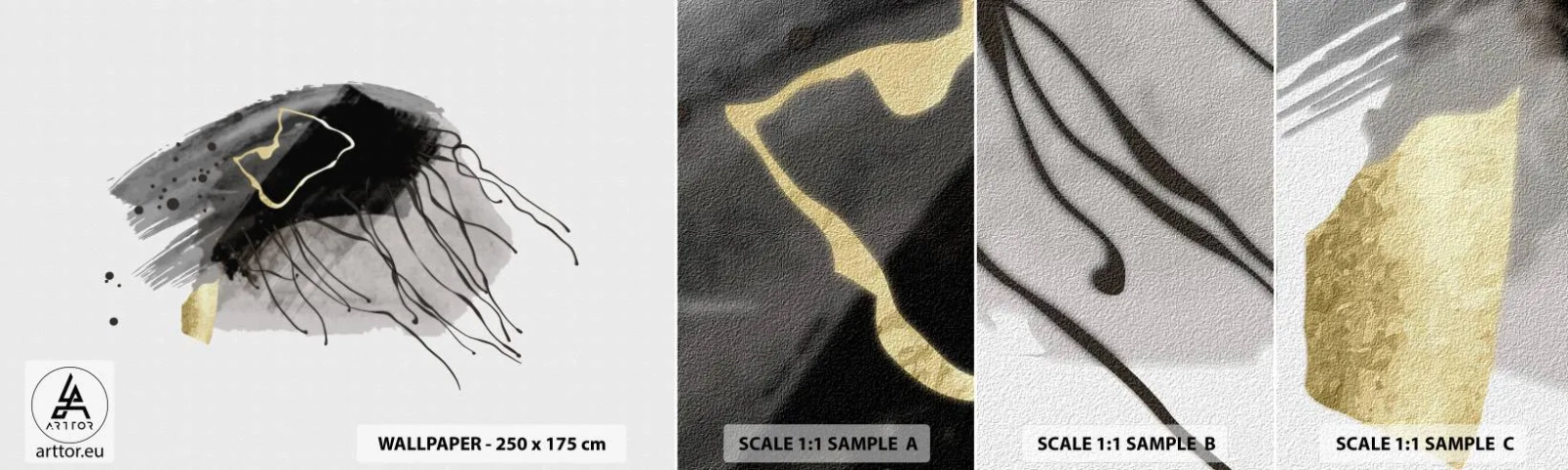 Mostră de Tapet Standard Eco - Negru și aur - Abstracția, Bucată, Grafică - 100x30 cm