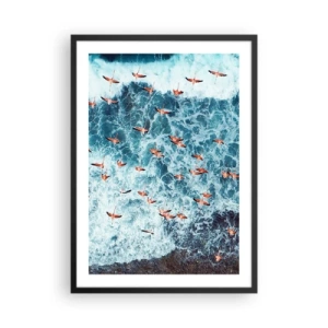 Poster în ramă neagră - Flamingo deasupra valurilor oceanului în culori intense - 50x70cm - Parada de la malul mării - Decorațiune modernă pentru perete pentru living și dormitor ARTTOR