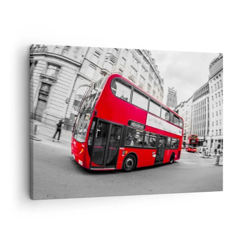 Tablou pe pânză Canvas - Un autobuz roșu londonez pe o stradă alb-negru - 70x50cm - Londra în mod tradițional - by bus - Decorațiune modernă pentru perete pentru living și dormitor ARTTOR